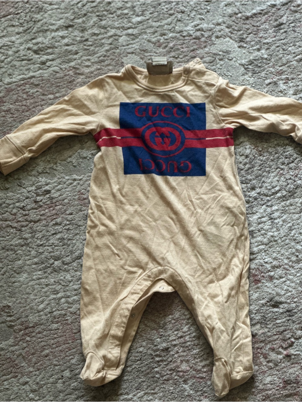 Gucci Beige Sweatshirt with Navy Square and Red Stripe Logo